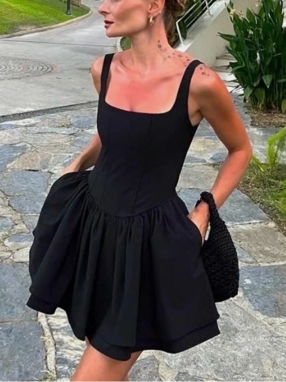 Zara Black Square-Neck Mini Dress